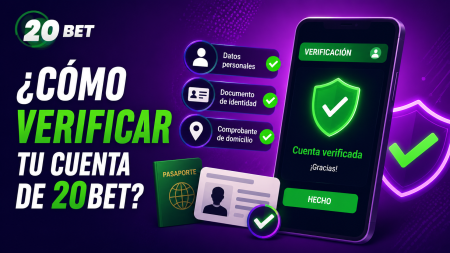Banner promocional de 20Bet en tonos morados con el texto ¿Cómo VERIFICAR TU CUENTA DE 20BET? y una lista de verificación de identidad, domicilio y documentos.