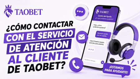 Taobet: servicio de atención al cliente con móvil, auriculares y iconos morados.