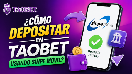 Promotional banner showing how to deposit at Taobet using Sinpe Móvil, with a smartphone, wallet, coins and banking icons in purple hues.