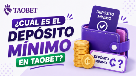 Taobet logo with a purple wallet, coins, and Spanish text asking '¿Cuál es el depósito mínimo en Taobet?'.