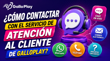 Banner promocional de Galloplay sobre cómo contactar al servicio de atención al cliente, con íconos de chat en vivo, correo electrónico, WhatsApp, teléfono y preguntas frecuentes (FAQ).