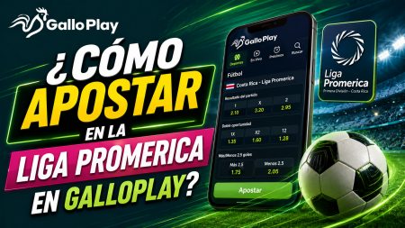 Galloplay betting app promo for Liga Promerica, featuring a smartphone screen with betting odds and a soccer ball on a stadium background