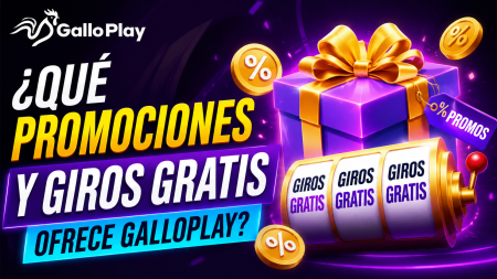 Promotional banner for GalloPlay advertising promotions and free spins, featuring a purple gift box and golden reels.