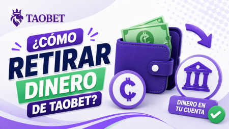 ¿Cómo retirar dinero de Taobet? Ilustración de una billetera morada con billetes verdes y iconos bancarios para indicar retiro de fondos.