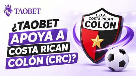 Taobet logo with a bold Spanish headline asking if TAOBET supports the Costa Rican colón (CRC), next to a shield crest and a soccer ball.