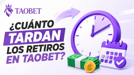 TAOBET logo y titular en español preguntando cuánto tardan los retiros, con reloj, calendario y pila de dinero a la vista.